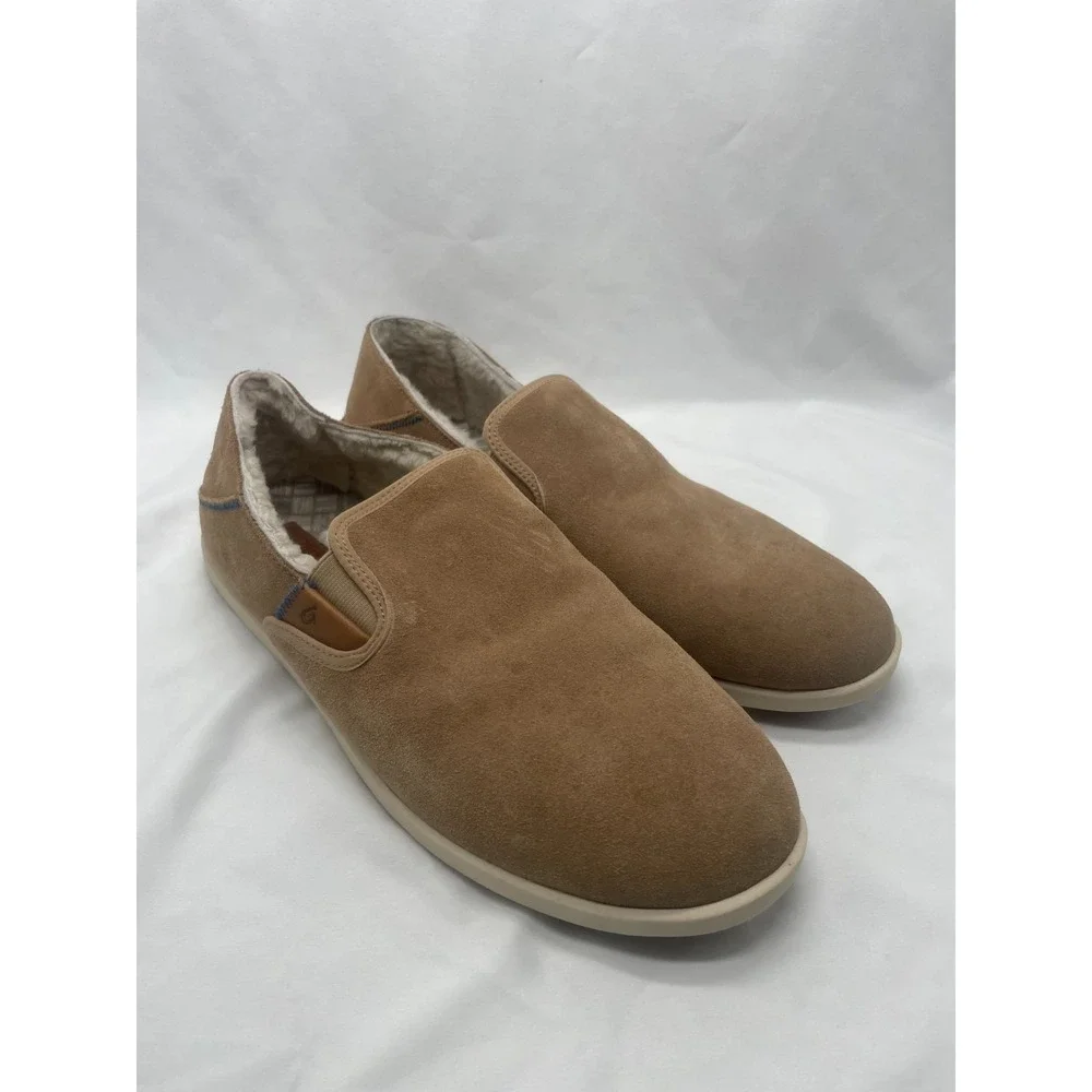 Olukai Shoes Mens 12 Hele Malie Tan Leather‎ Suede Wool Lining